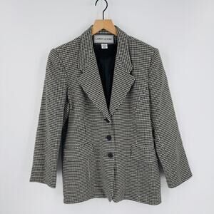 Vintage Larry Levine Houndstooth Wool Blazer Black White Check Jacket Size 12